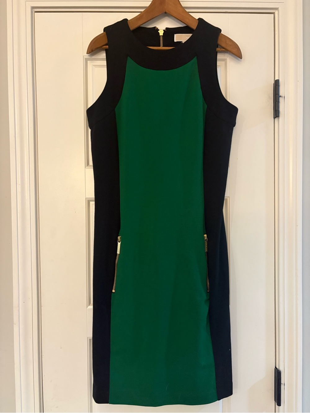 Michael Kors Green and Black Sleeveless Sheath Dress with Gold Zips